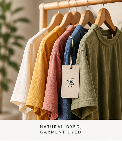 Natural dyed, garment dyed t-shirts in turmeric, madder, indigo and eclippa green on a rail