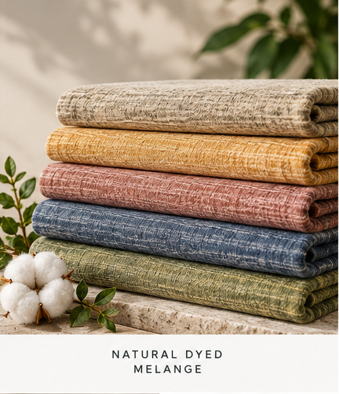 Natural dyed melange fabric stack, folded in five natural shades