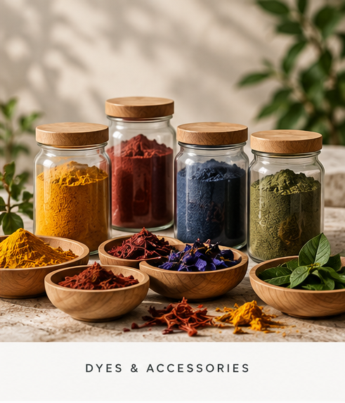 Jars of natural dye powder and accessories: turmeric, madder, indigo and eclippa green