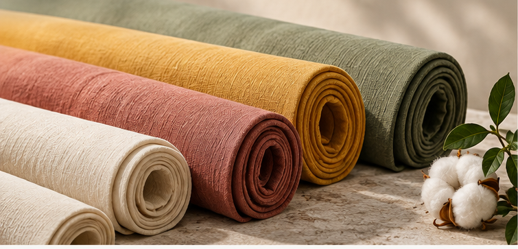 Rolls of naturally dyed fabric in five natural shades