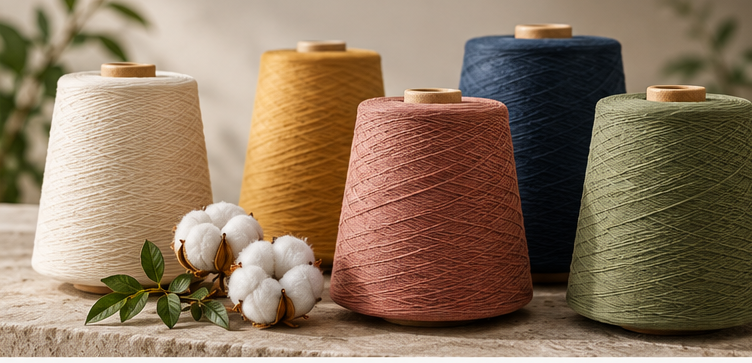 Cones of naturally dyed yarn in five natural shades
